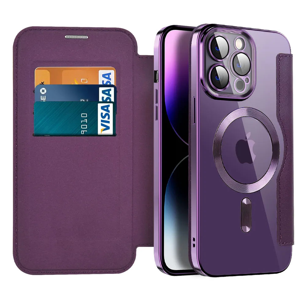 Funda plegable a prueba de golpes con billetera de cuero duro para iPhone 