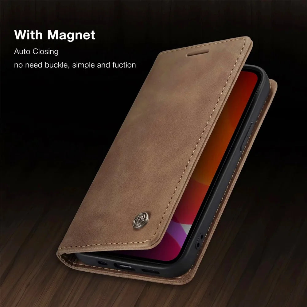 Étui portefeuille pliable en cuir mat pour iPhone 