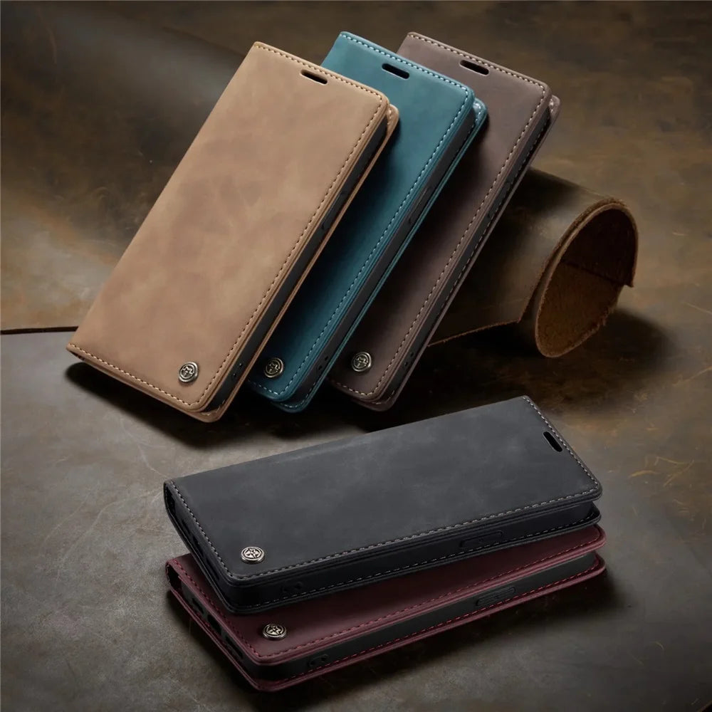Étui portefeuille pliable en cuir mat pour iPhone 